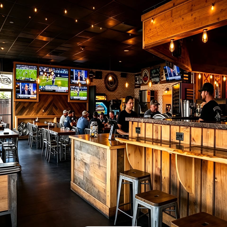 A lively sports bar interior with patrons, multiple TVs showing games, and rustic wooden decor.