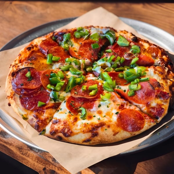 A pepperoni and green pepper pizza on a metal tray with parchment paper, on a wooden table.