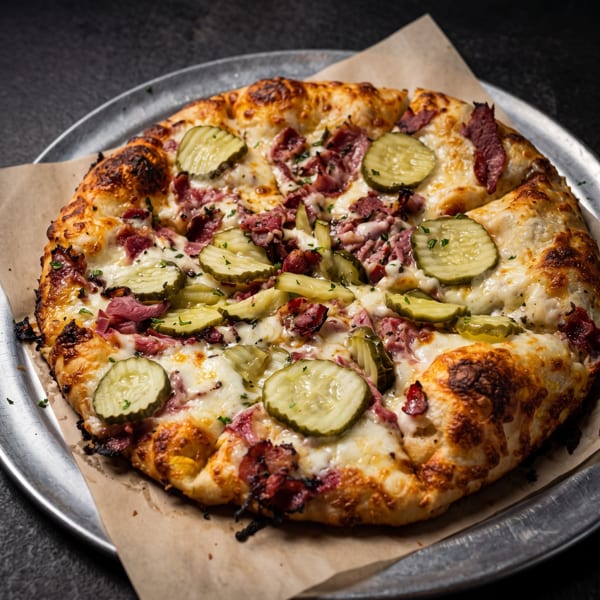 A whole pizza with melted cheese, pastrami, and pickle slices on a metal tray.