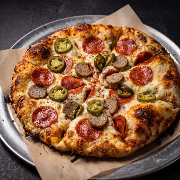A freshly baked pizza with pepperoni, sausage, and jalapeños on a metal tray.